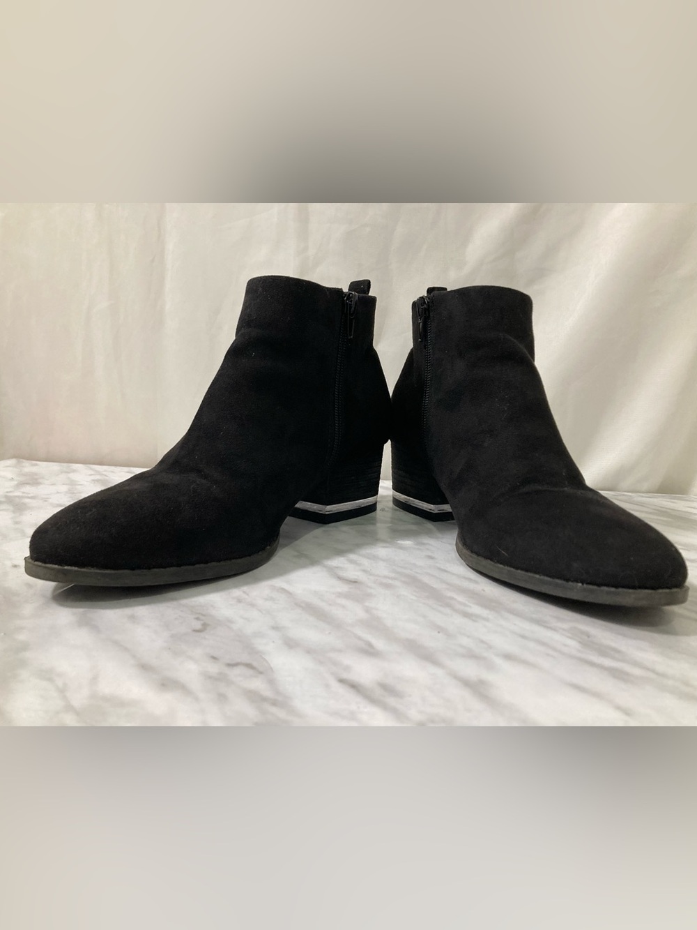 Black Suede Ankle Booties Side Zip Block Heel Women’s Size 8.5